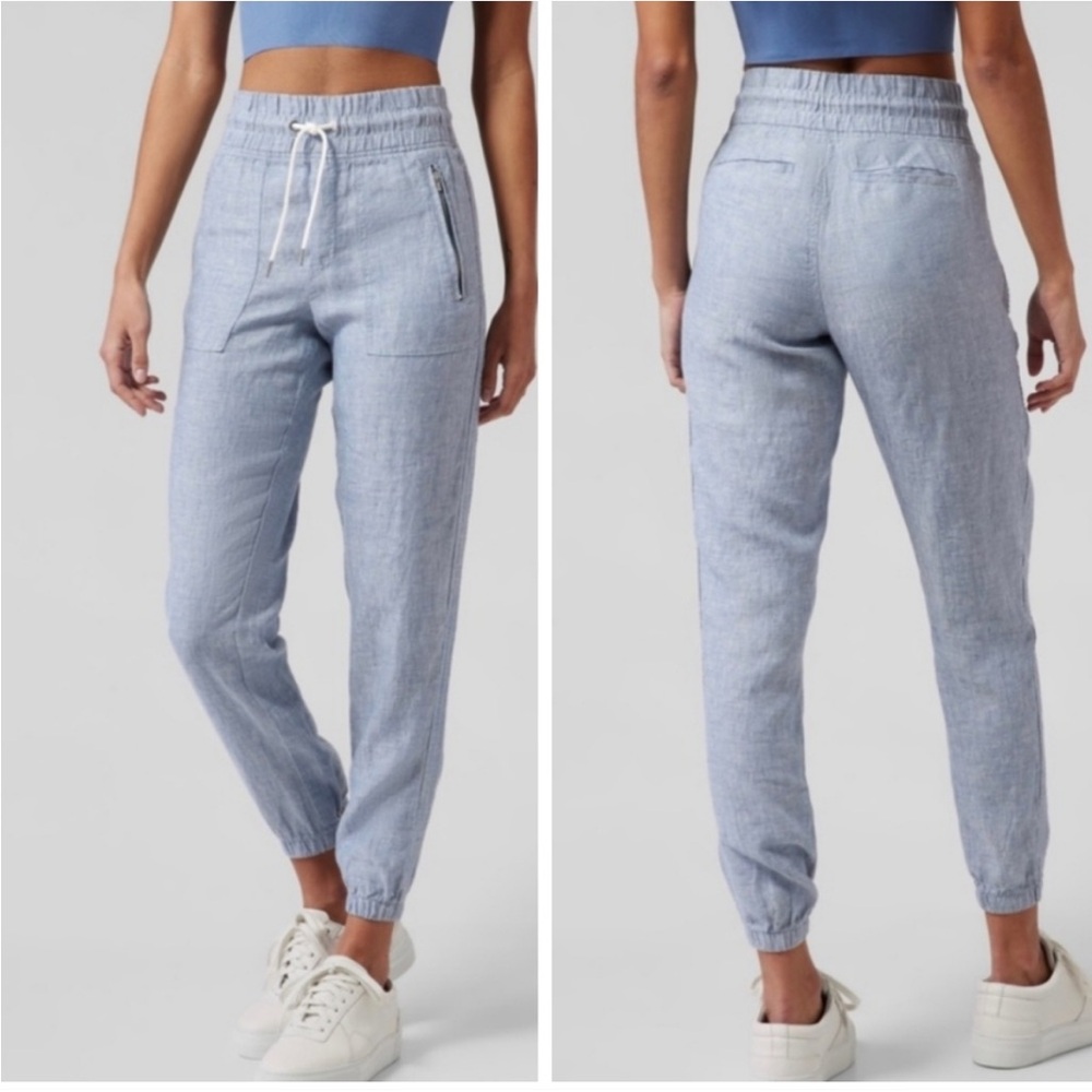 Athleta Cabo Linen Chambray Blue Jogger Pants Lightweight Women Sz 6 Zip Pockets